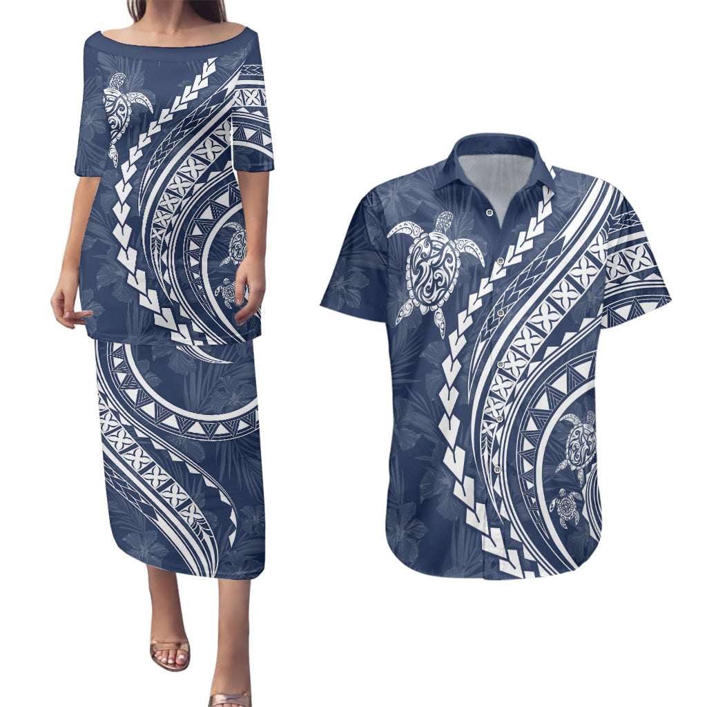Polynesian Pride Couples Matching Puletasi Dress and Hawaiian Shirt Turtle Hibiscus Luxury Style - Navy LT7 - Wonder Print Shop