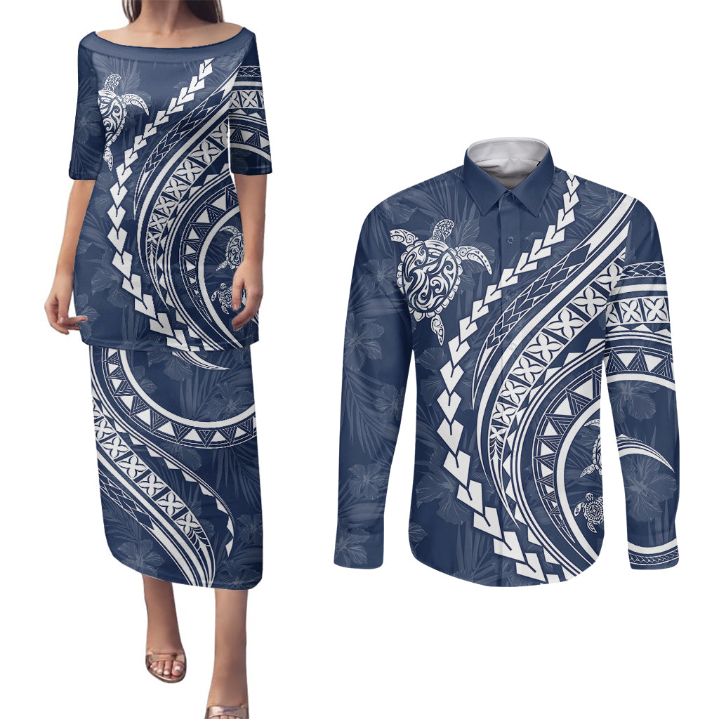 Polynesian Pride Couples Matching Puletasi Dress and Long Sleeve Button Shirts Turtle Hibiscus Luxury Style - Navy LT7 - Wonder Print Shop