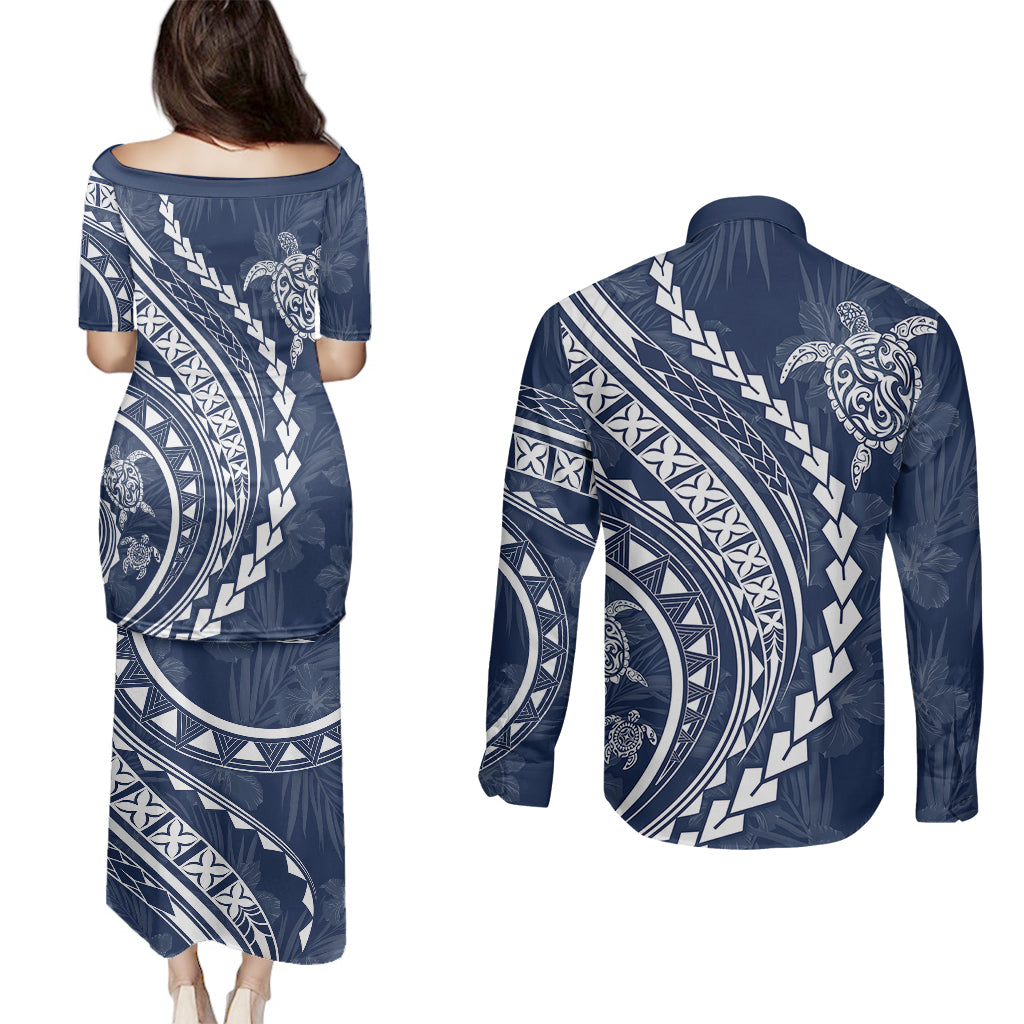 Polynesian Pride Couples Matching Puletasi Dress and Long Sleeve Button Shirts Turtle Hibiscus Luxury Style - Navy LT7 - Wonder Print Shop