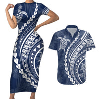 Polynesian Pride Couples Matching Short Sleeve Bodycon Dress and Hawaiian Shirt Turtle Hibiscus Luxury Style - Navy LT7 - Wonder Print Shop