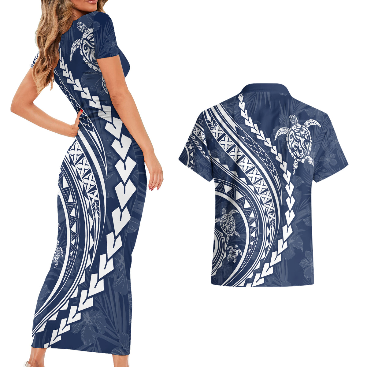 Polynesian Pride Couples Matching Short Sleeve Bodycon Dress and Hawaiian Shirt Turtle Hibiscus Luxury Style - Navy LT7 - Wonder Print Shop
