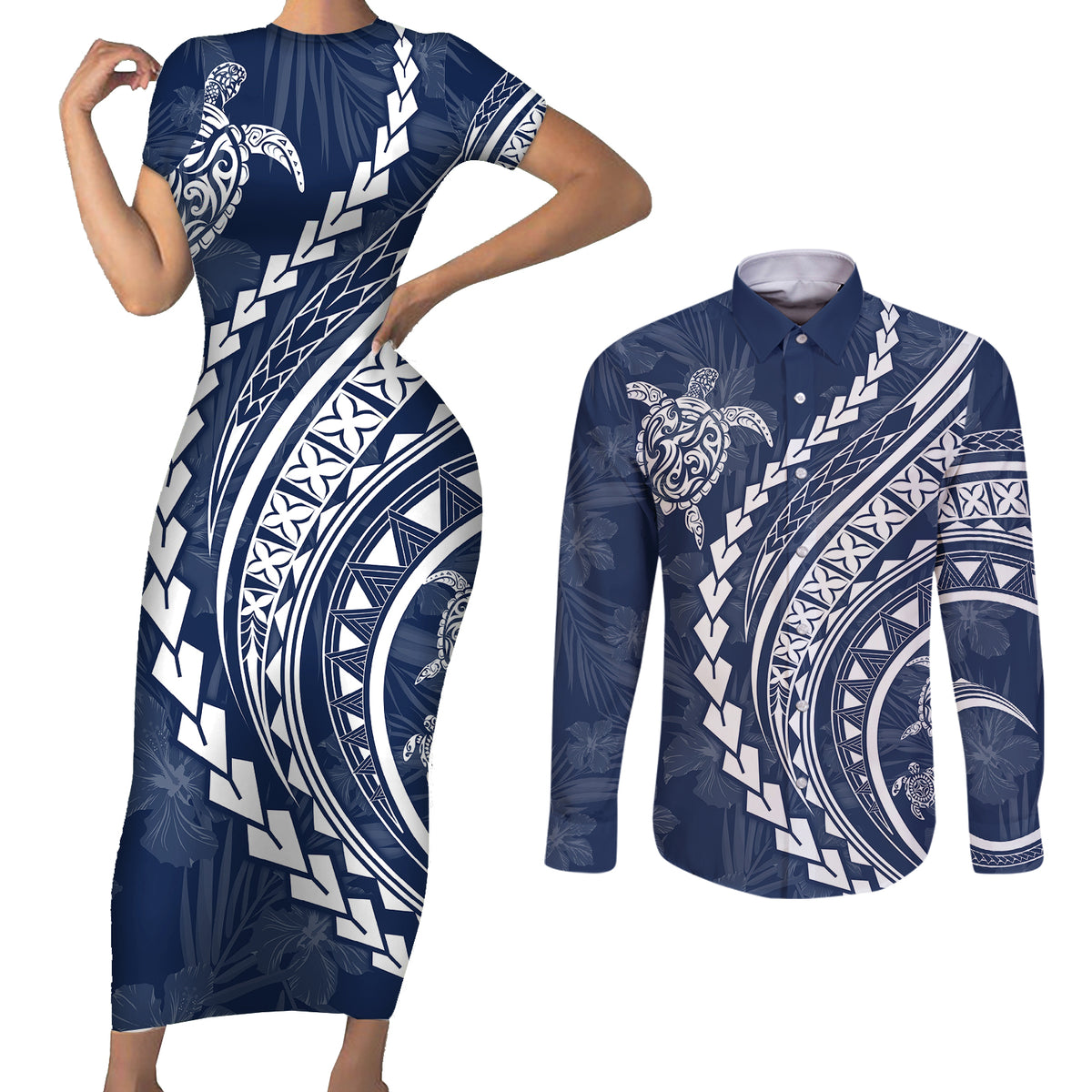 Polynesian Pride Couples Matching Short Sleeve Bodycon Dress and Long Sleeve Button Shirts Turtle Hibiscus Luxury Style - Navy LT7 - Wonder Print Shop