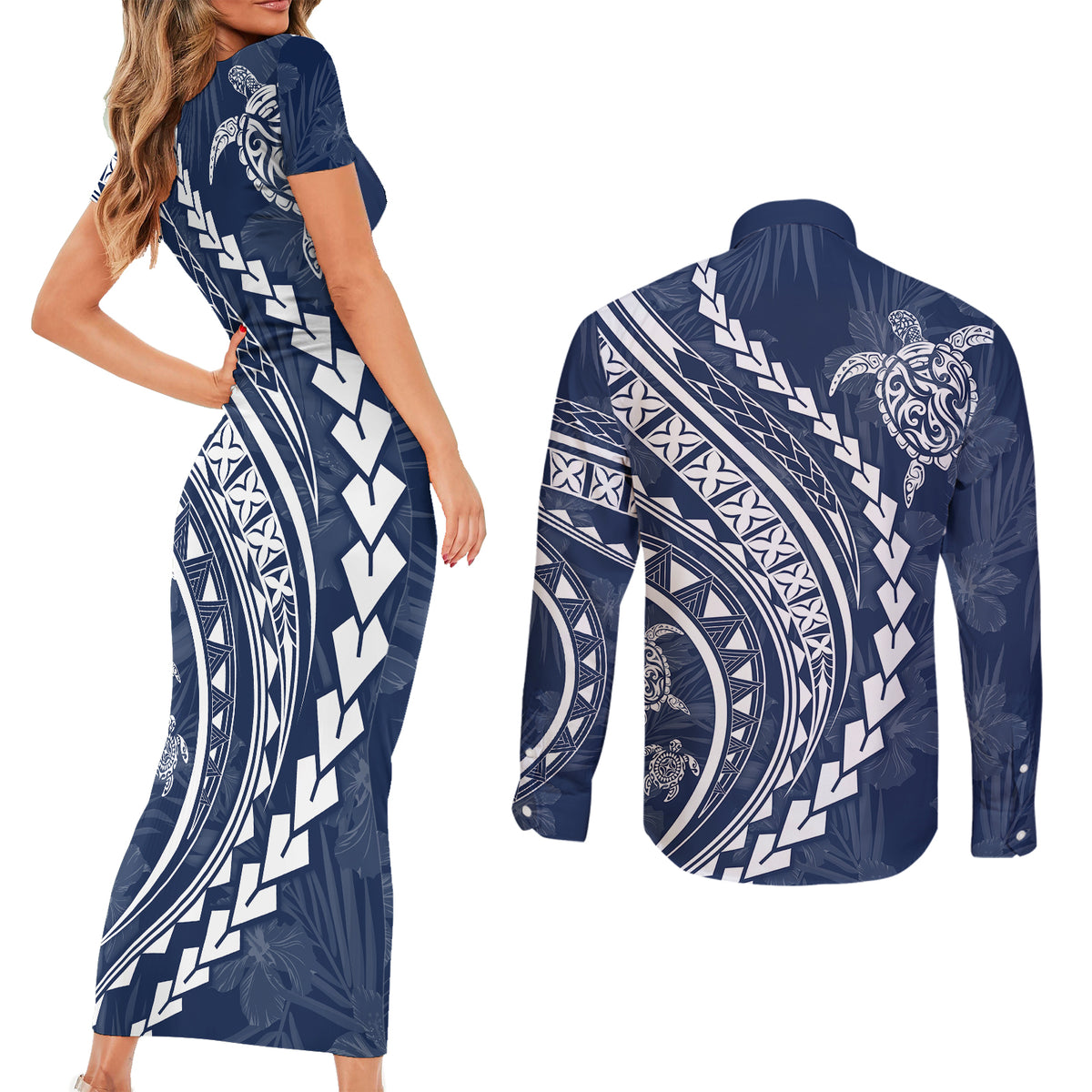 Polynesian Pride Couples Matching Short Sleeve Bodycon Dress and Long Sleeve Button Shirts Turtle Hibiscus Luxury Style - Navy LT7 - Wonder Print Shop