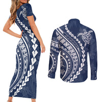 Polynesian Pride Couples Matching Short Sleeve Bodycon Dress and Long Sleeve Button Shirts Turtle Hibiscus Luxury Style - Navy LT7 - Wonder Print Shop