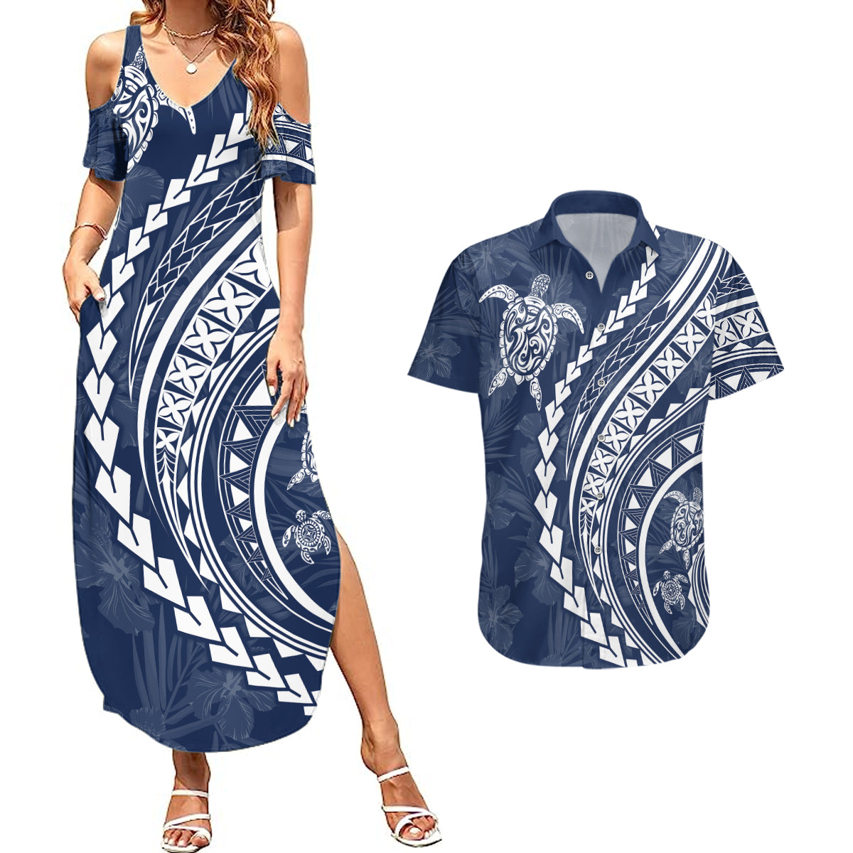 Polynesian Pride Couples Matching Summer Maxi Dress and Hawaiian Shirt Turtle Hibiscus Luxury Style - Navy LT7 - Wonder Print Shop