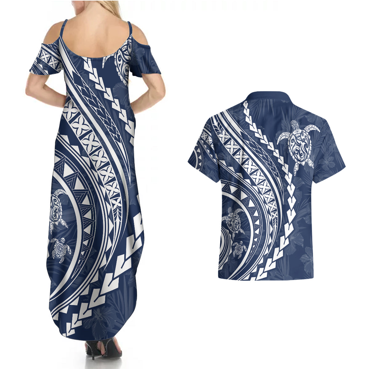 Polynesian Pride Couples Matching Summer Maxi Dress and Hawaiian Shirt Turtle Hibiscus Luxury Style - Navy LT7 - Wonder Print Shop