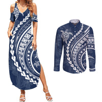 Polynesian Pride Couples Matching Summer Maxi Dress and Long Sleeve Button Shirts Turtle Hibiscus Luxury Style - Navy LT7 - Wonder Print Shop