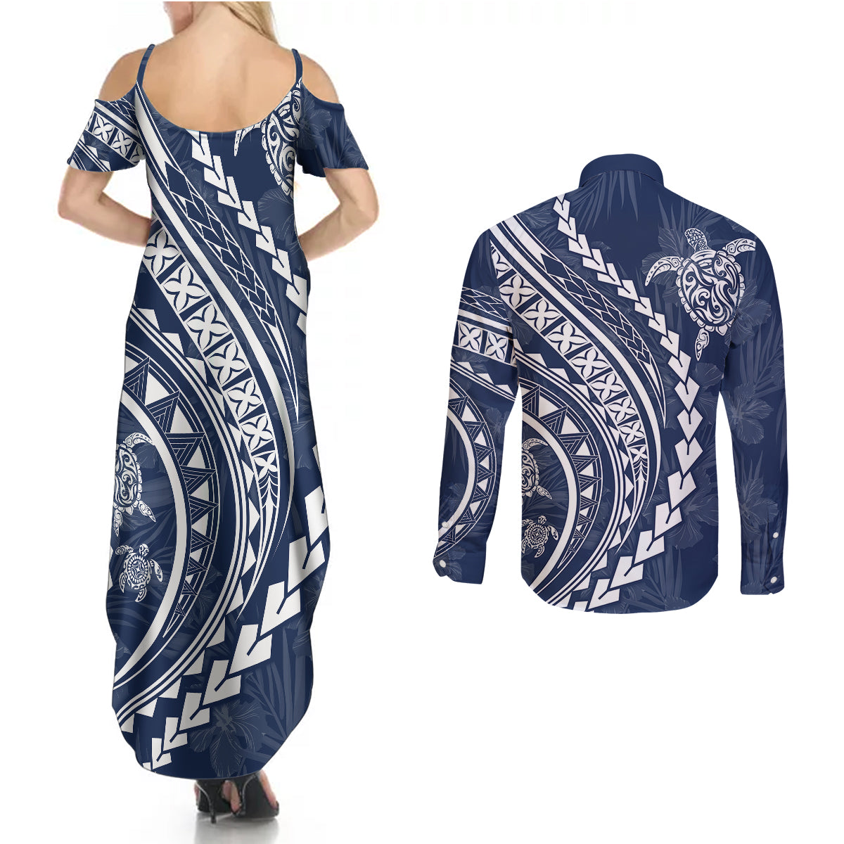 Polynesian Pride Couples Matching Summer Maxi Dress and Long Sleeve Button Shirts Turtle Hibiscus Luxury Style - Navy LT7 - Wonder Print Shop