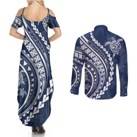 Polynesian Pride Couples Matching Summer Maxi Dress and Long Sleeve Button Shirts Turtle Hibiscus Luxury Style - Navy LT7 - Wonder Print Shop