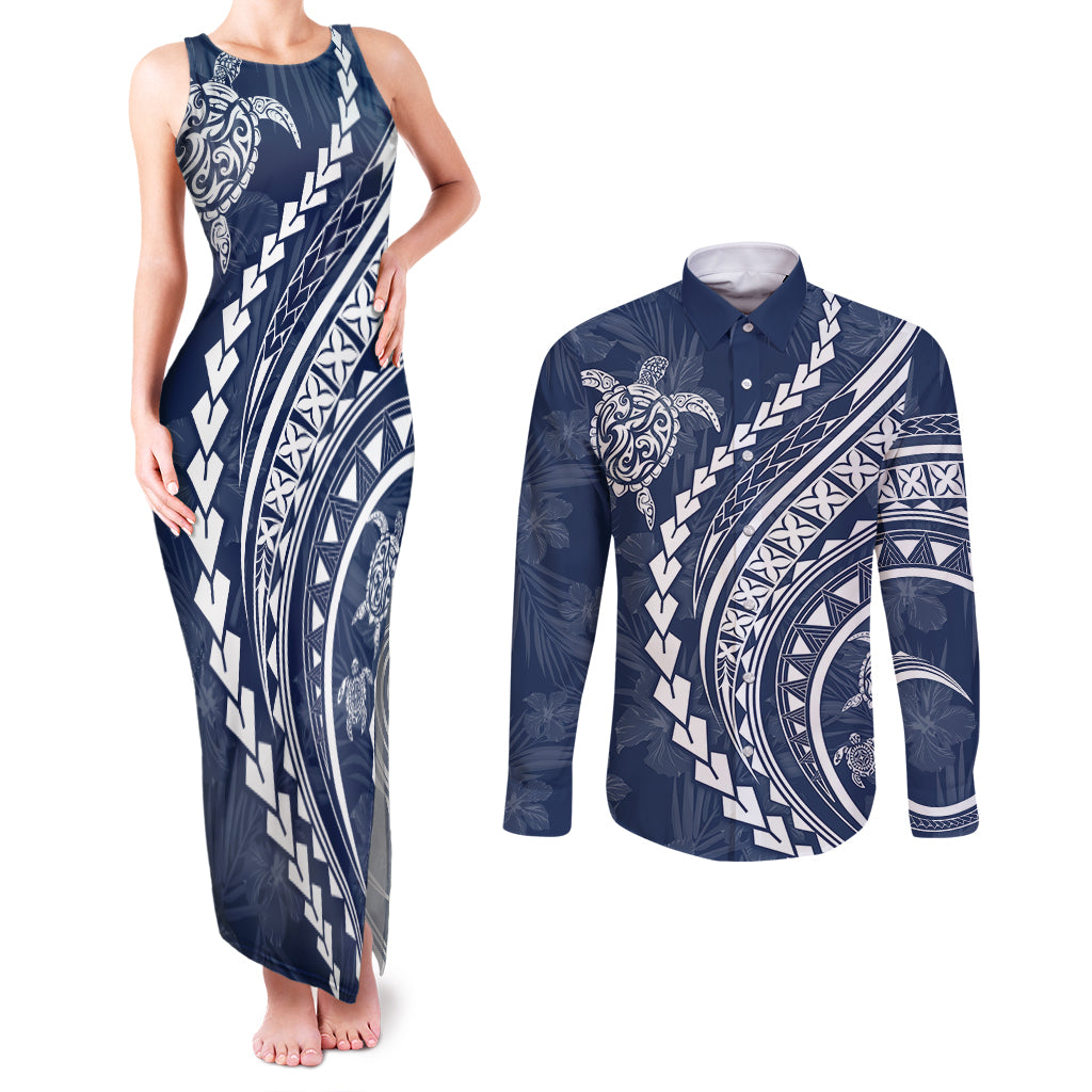 Polynesian Pride Couples Matching Tank Maxi Dress and Long Sleeve Button Shirts Turtle Hibiscus Luxury Style - Navy LT7 - Wonder Print Shop