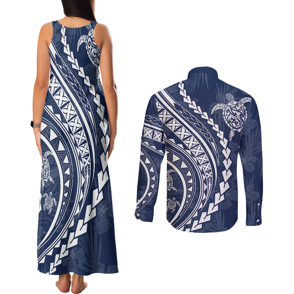 Polynesian Pride Couples Matching Tank Maxi Dress and Long Sleeve Button Shirts Turtle Hibiscus Luxury Style - Navy LT7 - Wonder Print Shop