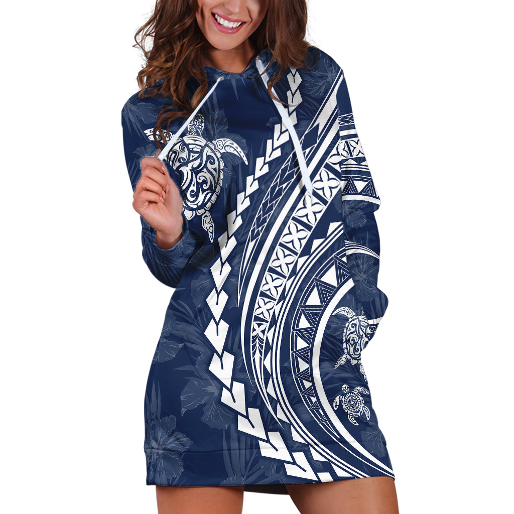 Polynesian Pride Hoodie Dress Turtle Hibiscus Luxury Style - Navy - Wonder Print Shop