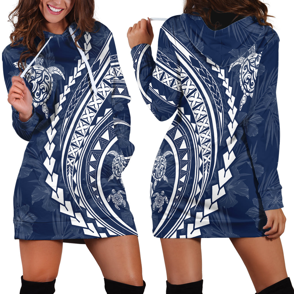 Polynesian Pride Hoodie Dress Turtle Hibiscus Luxury Style - Navy - Wonder Print Shop