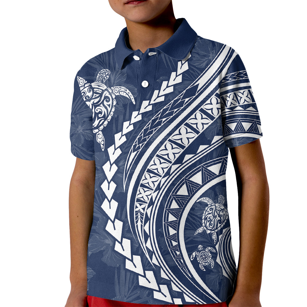 Polynesian Pride Kid Polo Shirt Turtle Hibiscus Luxury Style - Navy - Wonder Print Shop