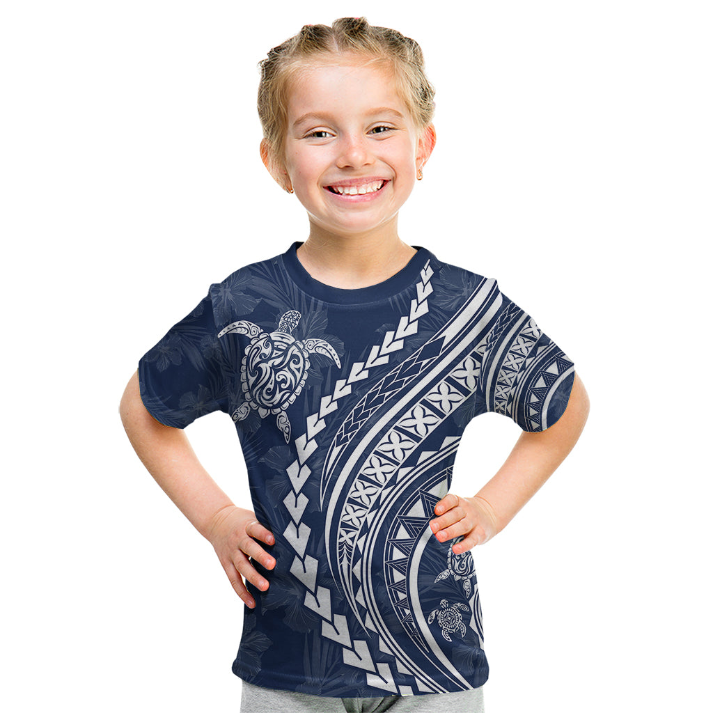 Polynesian Pride Kid T Shirt Turtle Hibiscus Luxury Style - Navy - Wonder Print Shop