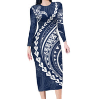 Polynesian Pride Long Sleeve Bodycon Dress Turtle Hibiscus Luxury Style - Navy - Wonder Print Shop