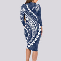 Polynesian Pride Long Sleeve Bodycon Dress Turtle Hibiscus Luxury Style - Navy - Wonder Print Shop