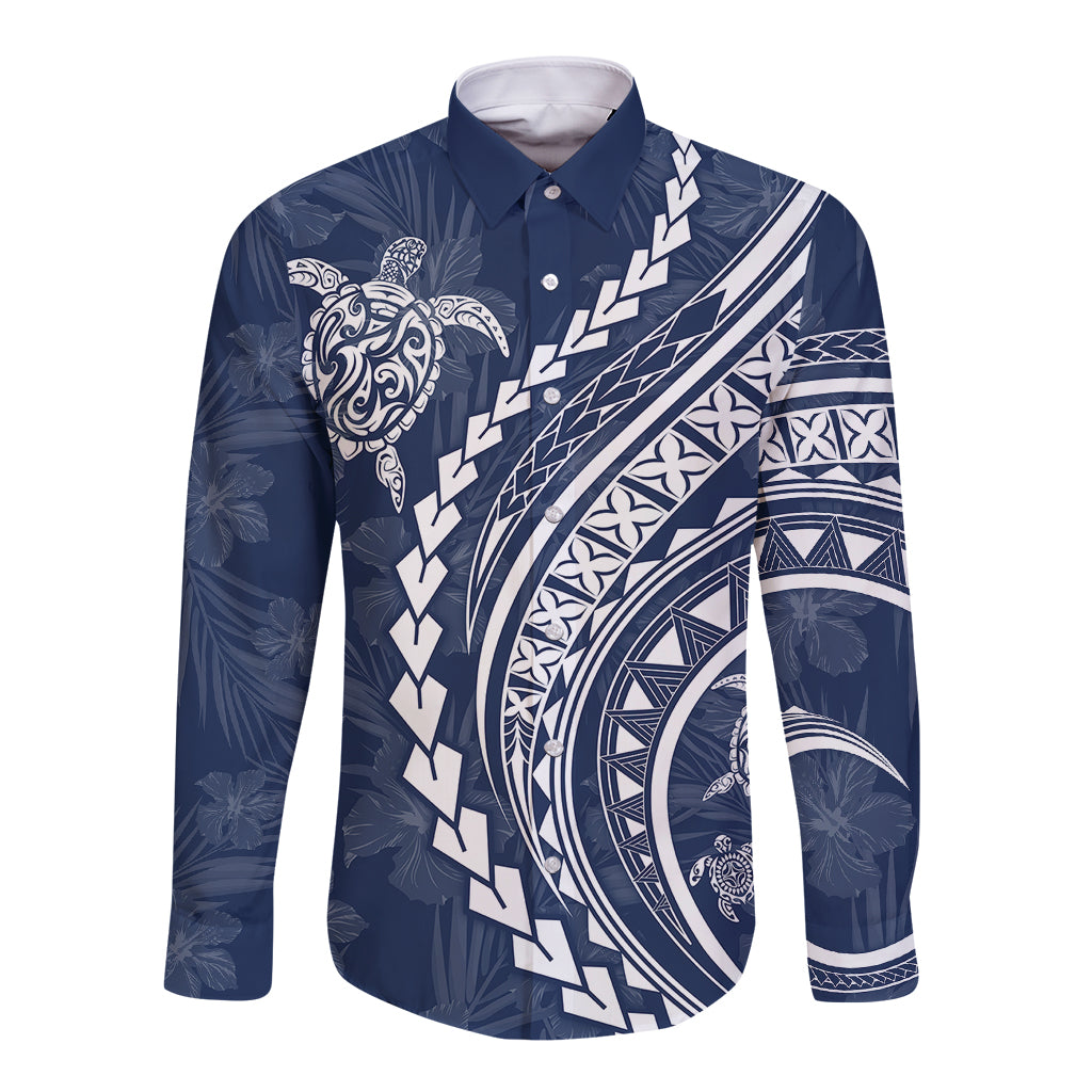 Polynesian Pride Long Sleeve Button Shirt Turtle Hibiscus Luxury Style - Navy - Wonder Print Shop