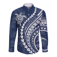 Polynesian Pride Long Sleeve Button Shirt Turtle Hibiscus Luxury Style - Navy - Wonder Print Shop