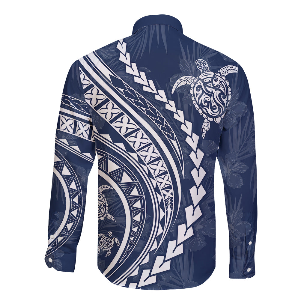 Polynesian Pride Long Sleeve Button Shirt Turtle Hibiscus Luxury Style - Navy - Wonder Print Shop