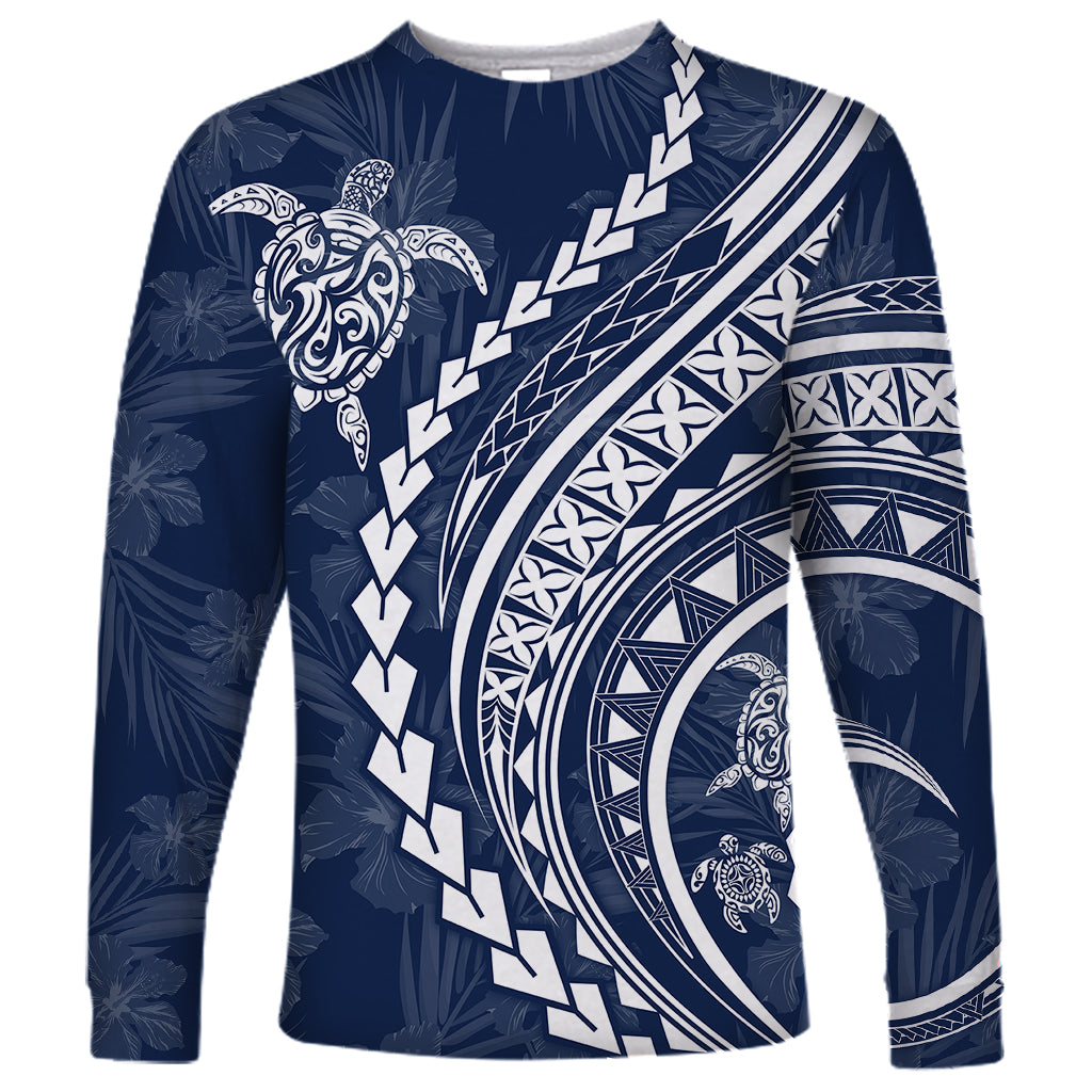 Polynesian Pride Long Sleeve Shirt Turtle Hibiscus Luxury Style - Navy - Wonder Print Shop