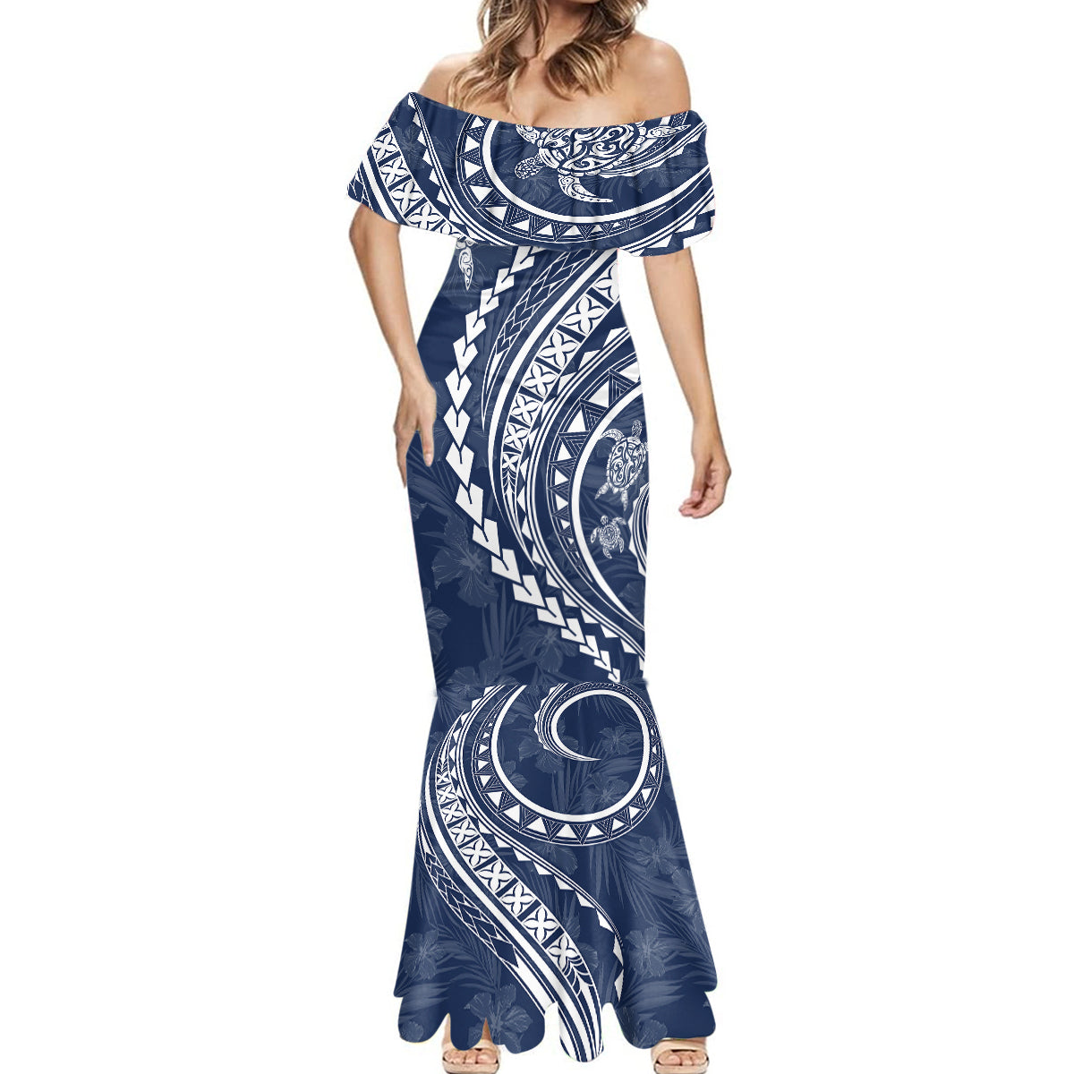 Polynesian Pride Mermaid Dress Turtle Hibiscus Luxury Style - Navy - Wonder Print Shop