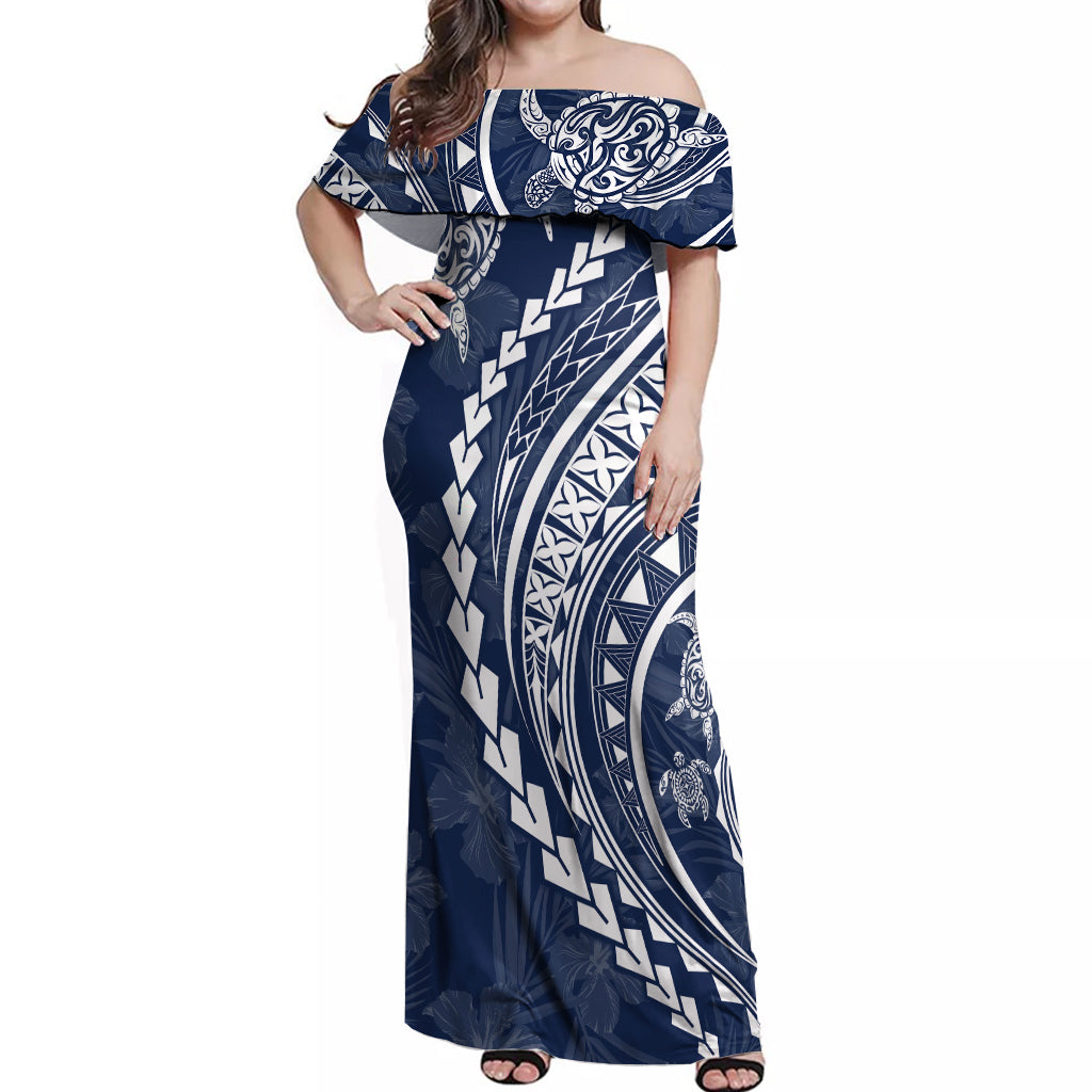 Polynesian Pride Off Shoulder Maxi Dress Turtle Hibiscus Luxury Style - Navy - Wonder Print Shop