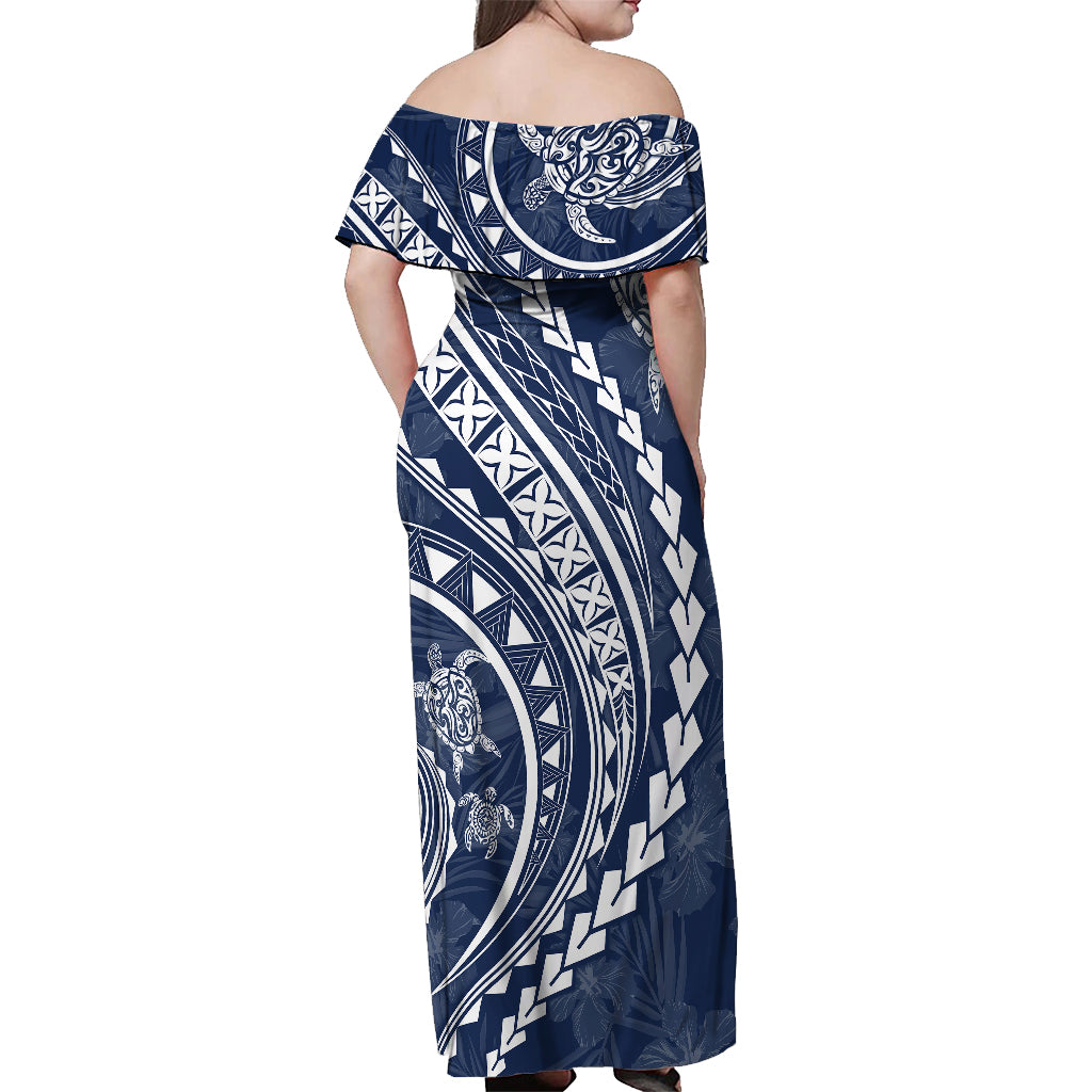 Polynesian Pride Off Shoulder Maxi Dress Turtle Hibiscus Luxury Style - Navy - Wonder Print Shop
