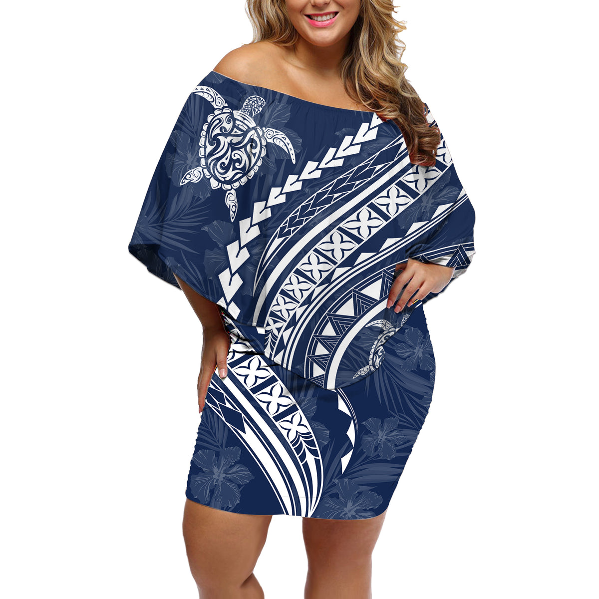 Polynesian Pride Off Shoulder Short Dress Turtle Hibiscus Luxury Style - Navy - Wonder Print Shop