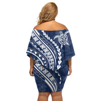 Polynesian Pride Off Shoulder Short Dress Turtle Hibiscus Luxury Style - Navy - Wonder Print Shop