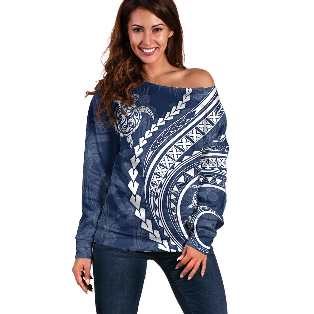 Polynesian Pride Off Shoulder Sweater Turtle Hibiscus Luxury Style - Navy - Wonder Print Shop