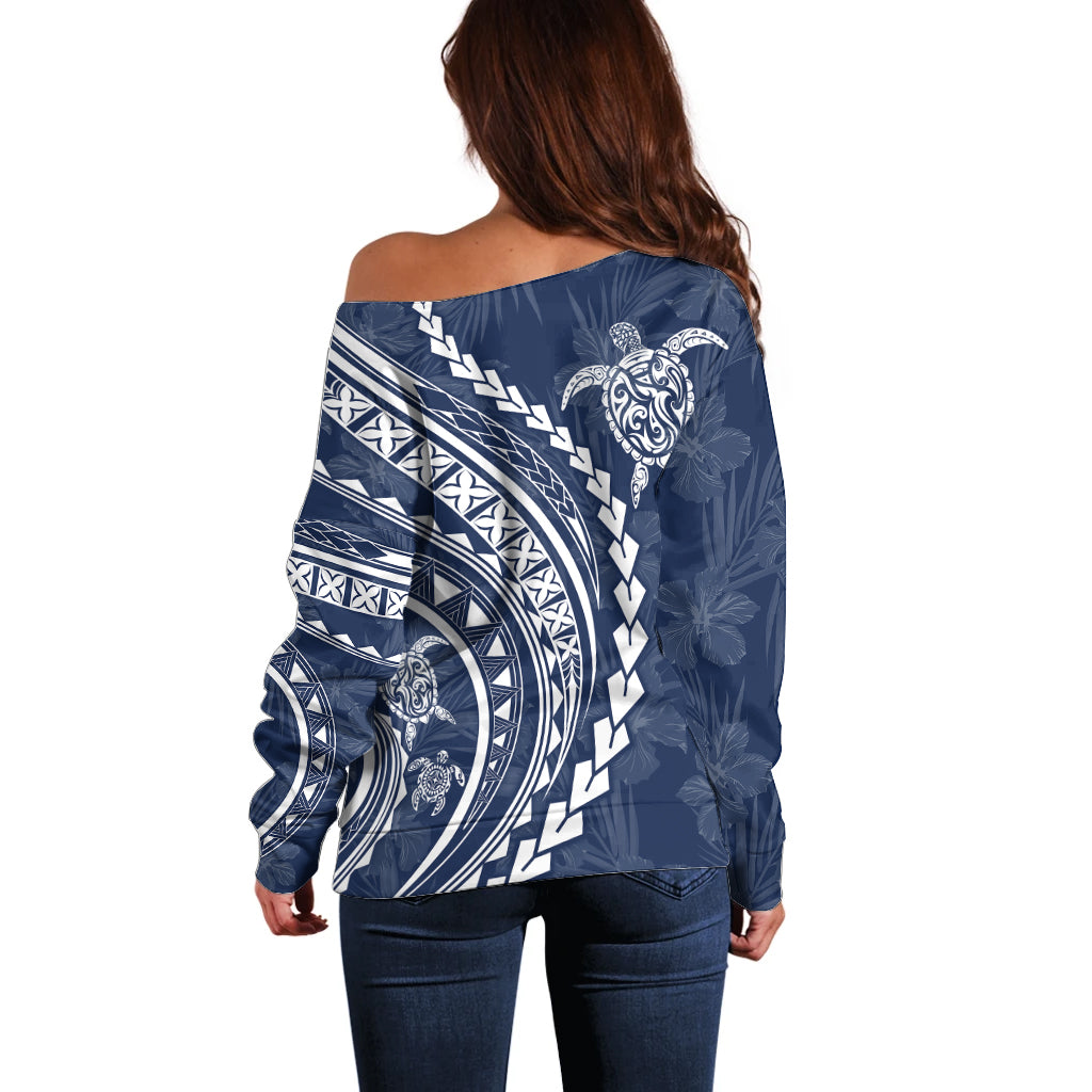 Polynesian Pride Off Shoulder Sweater Turtle Hibiscus Luxury Style - Navy - Wonder Print Shop