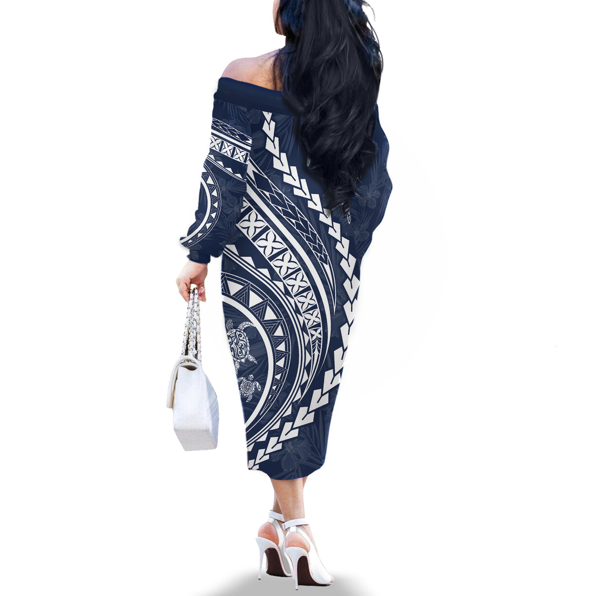 Polynesian Pride Off The Shoulder Long Sleeve Dress Turtle Hibiscus Luxury Style - Navy - Wonder Print Shop