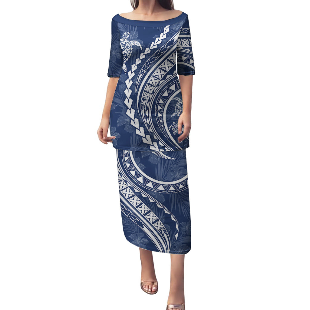 Polynesian Pride Puletasi Turtle Hibiscus Luxury Style - Navy - Wonder Print Shop