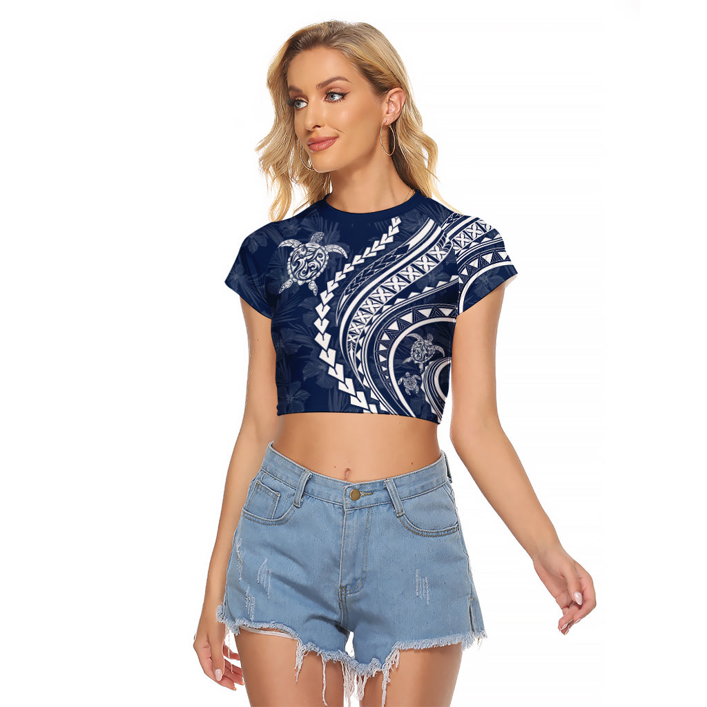 Polynesian Pride Raglan Cropped T Shirt Turtle Hibiscus Luxury Style - Navy - Wonder Print Shop