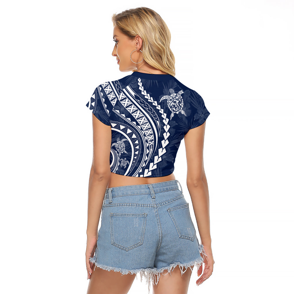 Polynesian Pride Raglan Cropped T Shirt Turtle Hibiscus Luxury Style - Navy - Wonder Print Shop