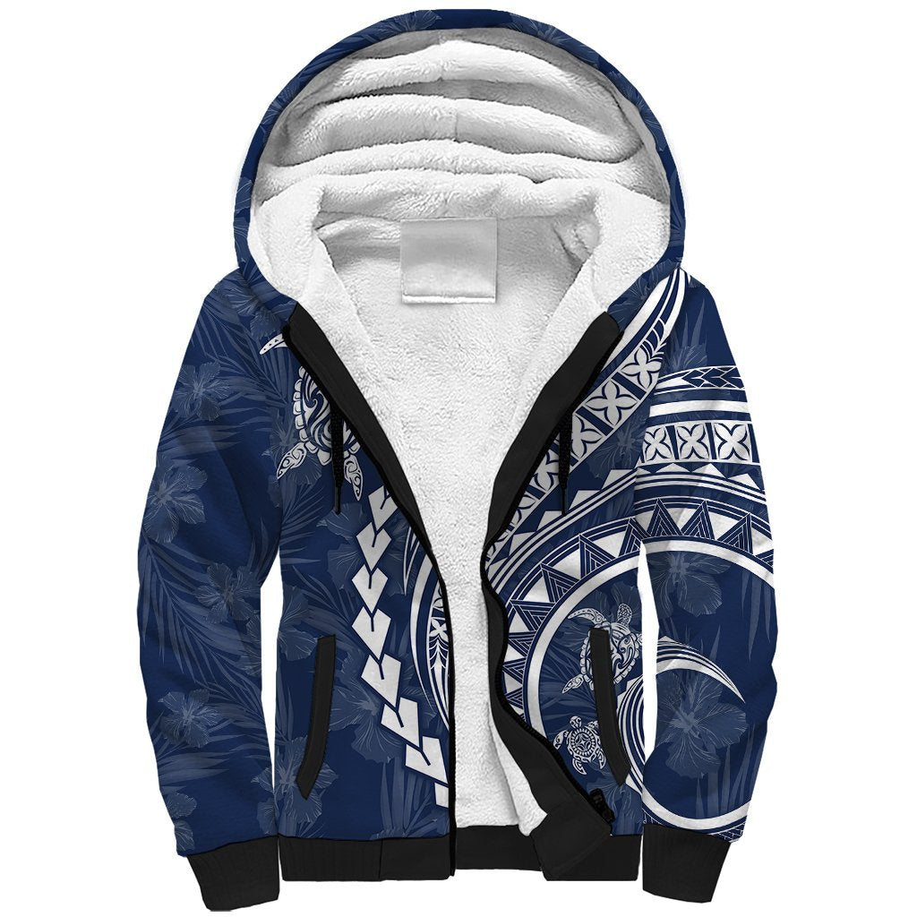 Polynesian Pride Sherpa Hoodie Turtle Hibiscus Luxury Style - Navy - Wonder Print Shop