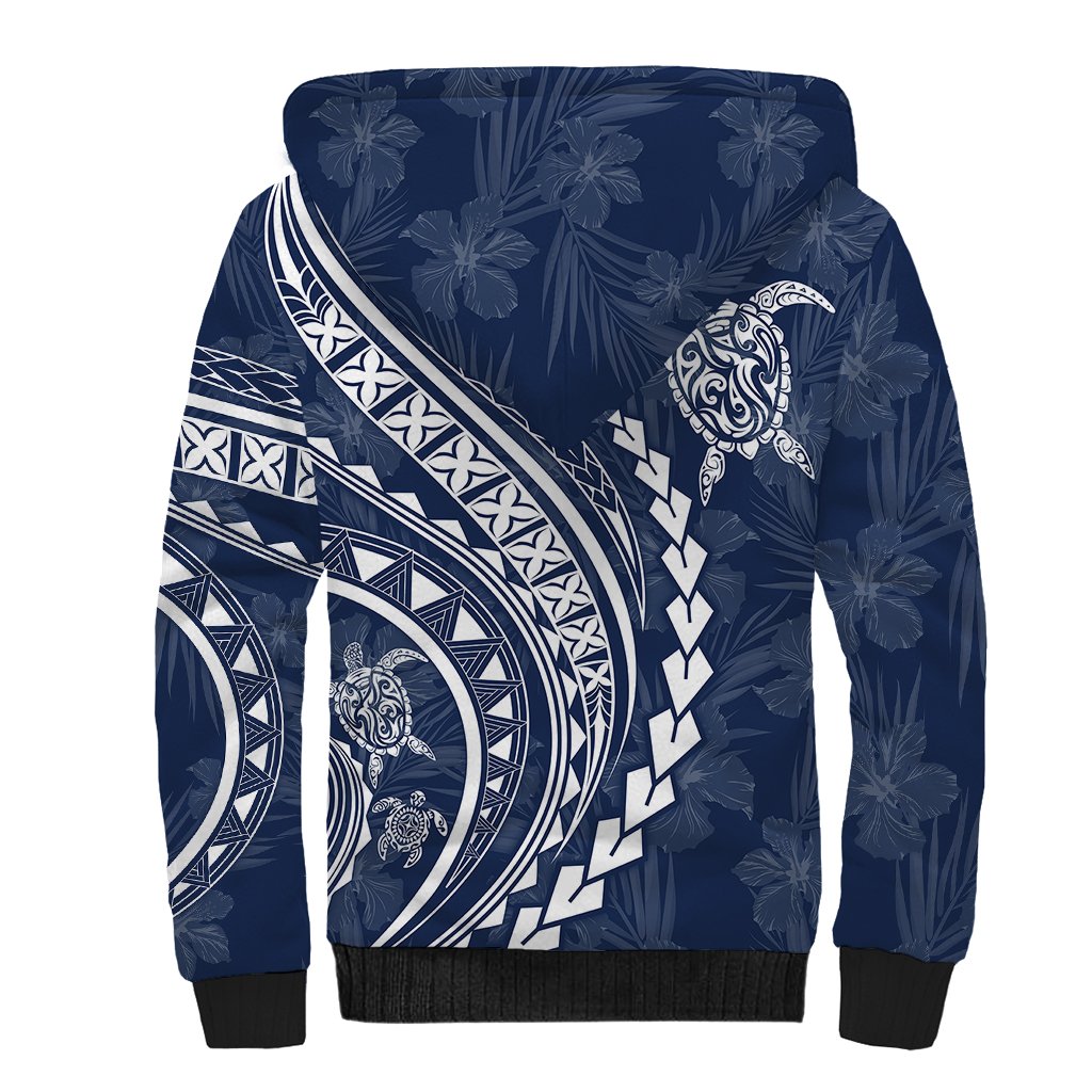 Polynesian Pride Sherpa Hoodie Turtle Hibiscus Luxury Style - Navy - Wonder Print Shop