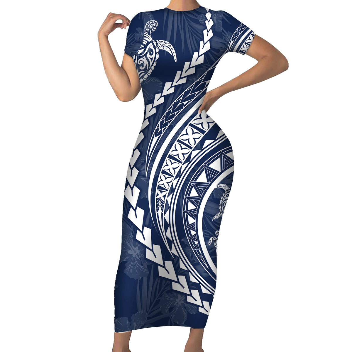 Polynesian Pride Short Sleeve Bodycon Dress Turtle Hibiscus Luxury Style - Navy - Wonder Print Shop