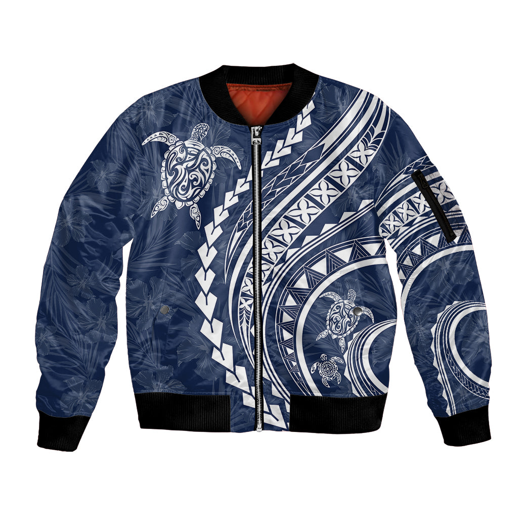 Polynesian Pride Sleeve Zip Bomber Jacket Turtle Hibiscus Luxury Style - Navy - Wonder Print Shop
