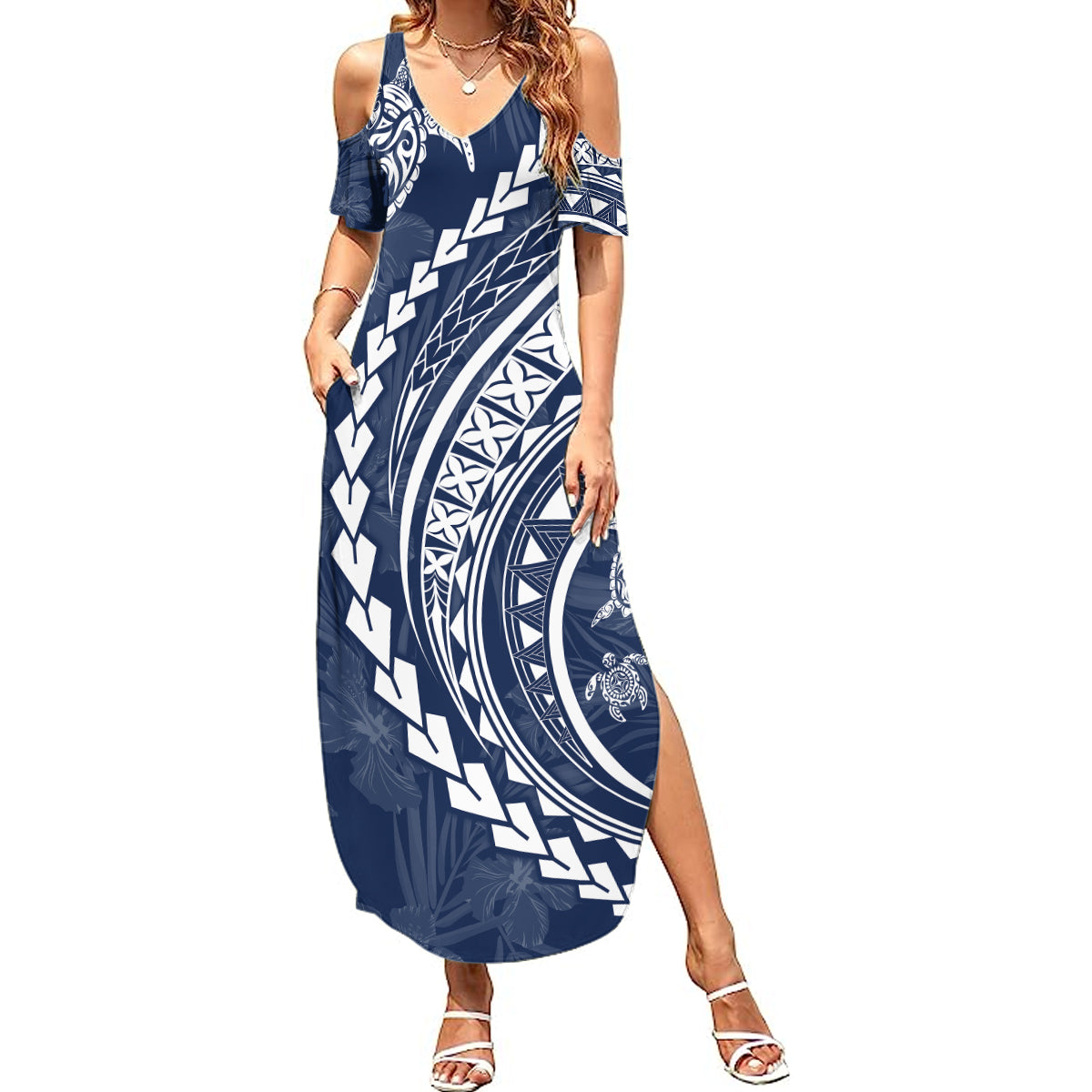Polynesian Pride Summer Maxi Dress Turtle Hibiscus Luxury Style - Navy - Wonder Print Shop