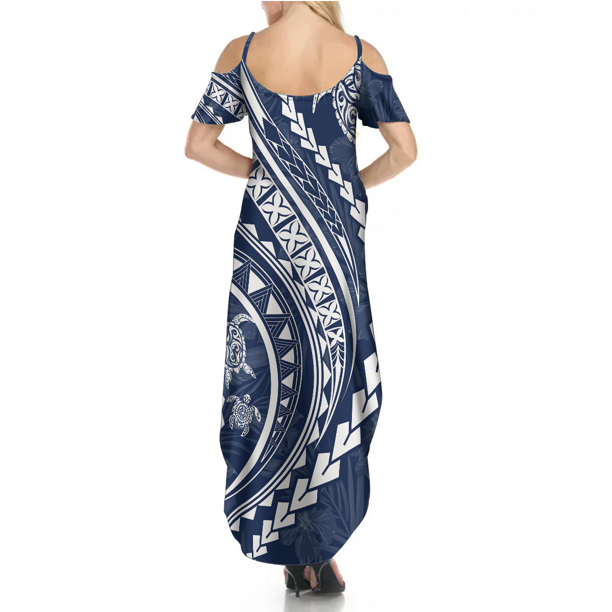 Polynesian Pride Summer Maxi Dress Turtle Hibiscus Luxury Style - Navy - Wonder Print Shop