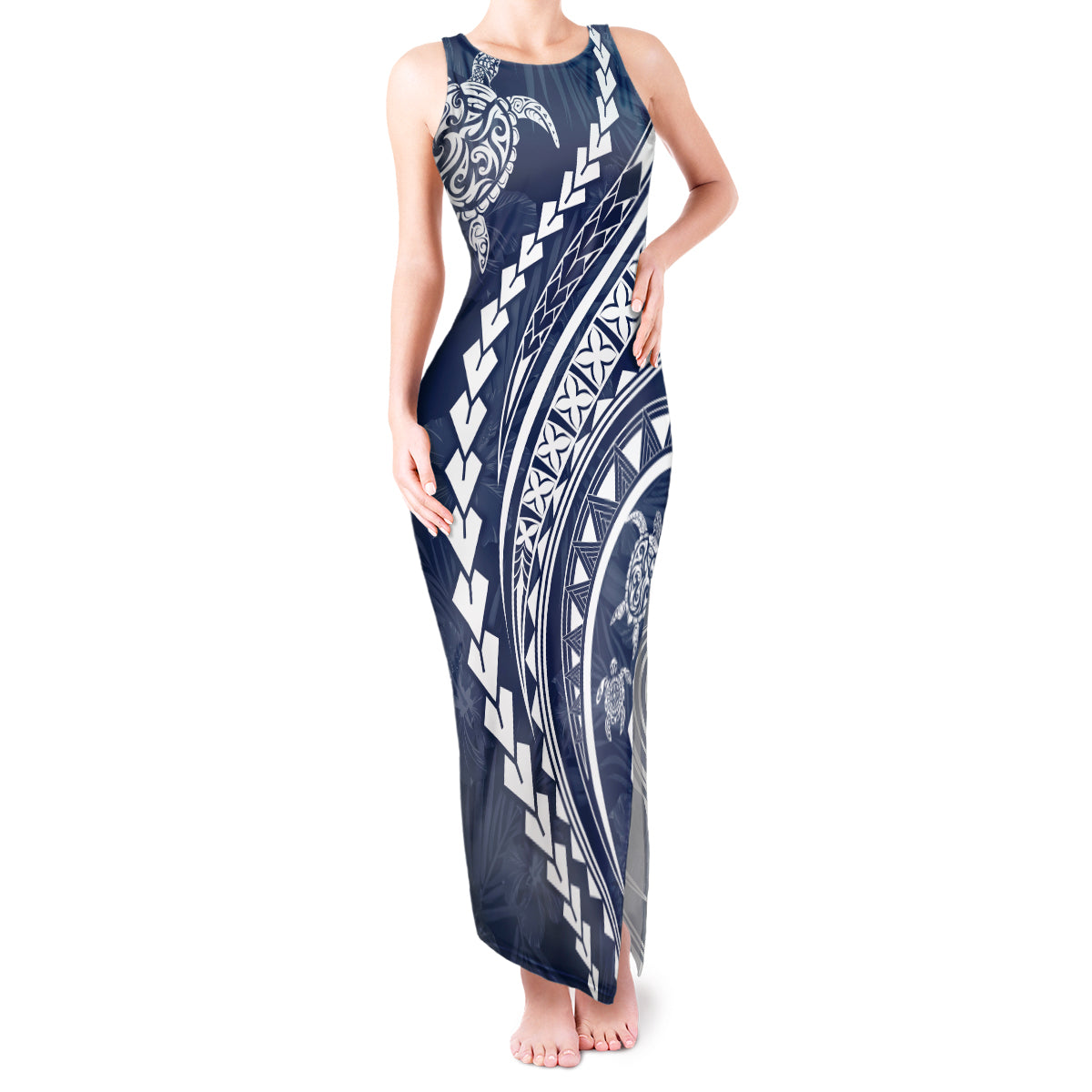 Polynesian Pride Tank Maxi Dress Turtle Hibiscus Luxury Style - Navy - Wonder Print Shop
