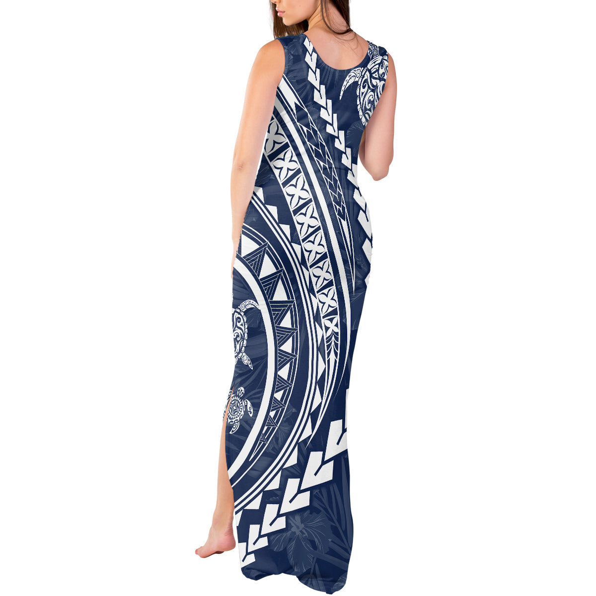 Polynesian Pride Tank Maxi Dress Turtle Hibiscus Luxury Style - Navy - Wonder Print Shop