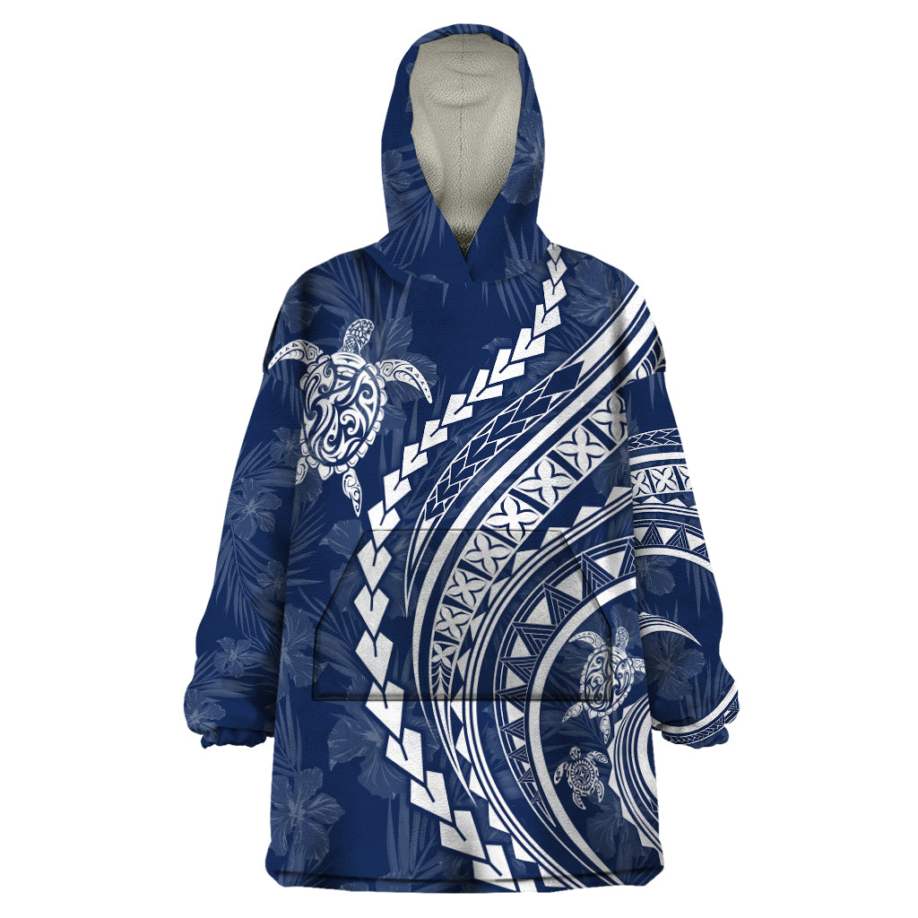 Polynesian Pride Wearable Blanket Hoodie Turtle Hibiscus Luxury Style - Navy - Wonder Print Shop