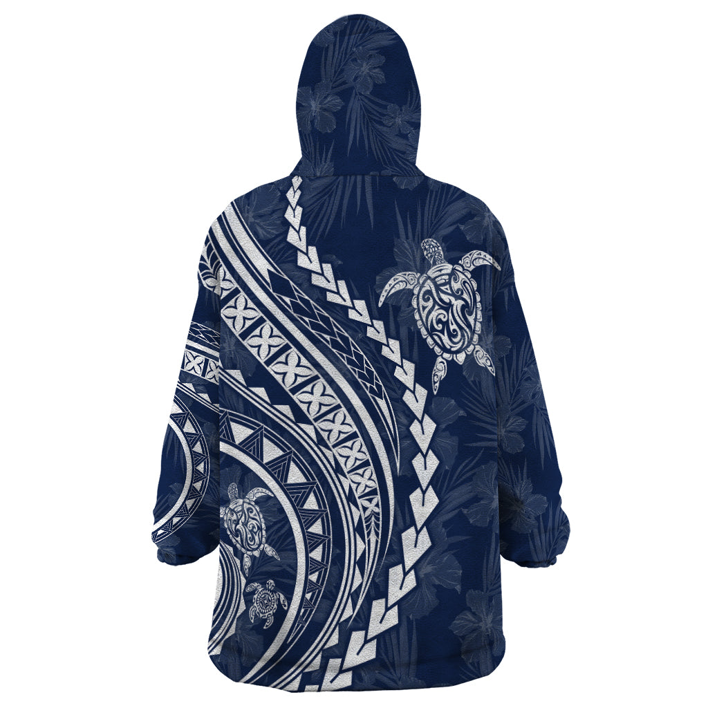 Polynesian Pride Wearable Blanket Hoodie Turtle Hibiscus Luxury Style - Navy - Wonder Print Shop