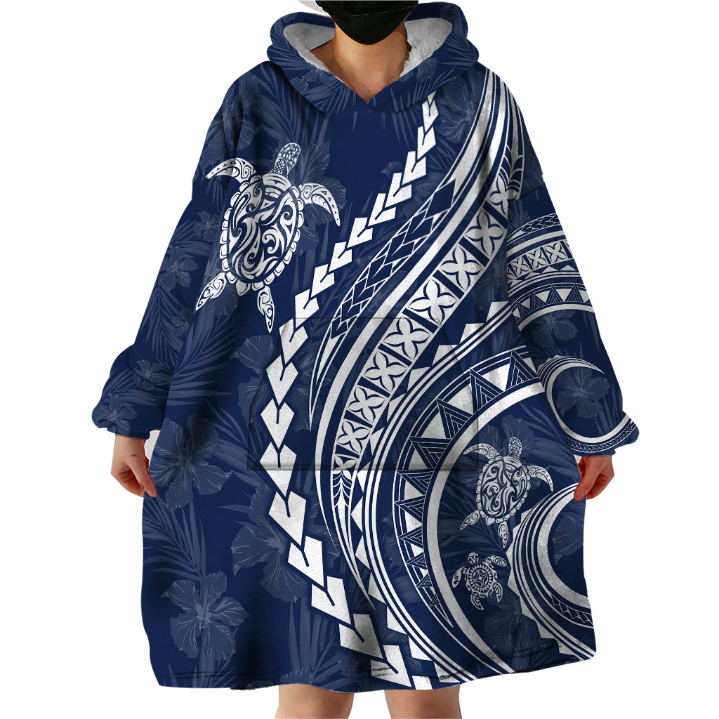 Polynesian Pride Wearable Blanket Hoodie Turtle Hibiscus Luxury Style - Navy - Wonder Print Shop