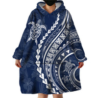 Polynesian Pride Wearable Blanket Hoodie Turtle Hibiscus Luxury Style - Navy - Wonder Print Shop