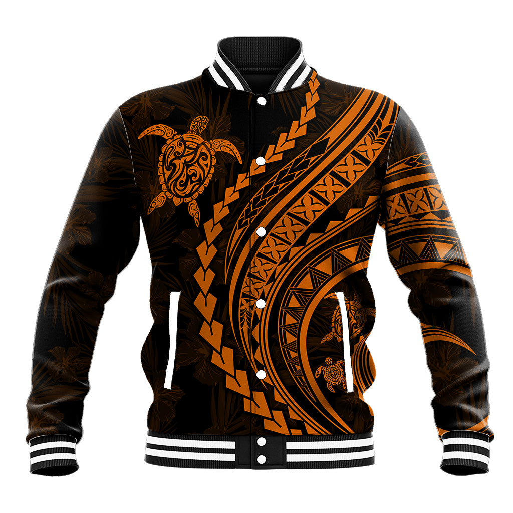 Polynesian Pride Baseball Jacket Turtle Hibiscus Luxury Style - Orange LT7 - Wonder Print Shop