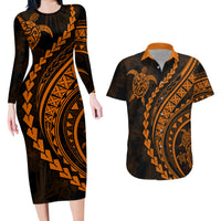 Polynesian Pride Couples Matching Long Sleeve Bodycon Dress and Hawaiian Shirt Turtle Hibiscus Luxury Style - Orange LT7 - Wonder Print Shop